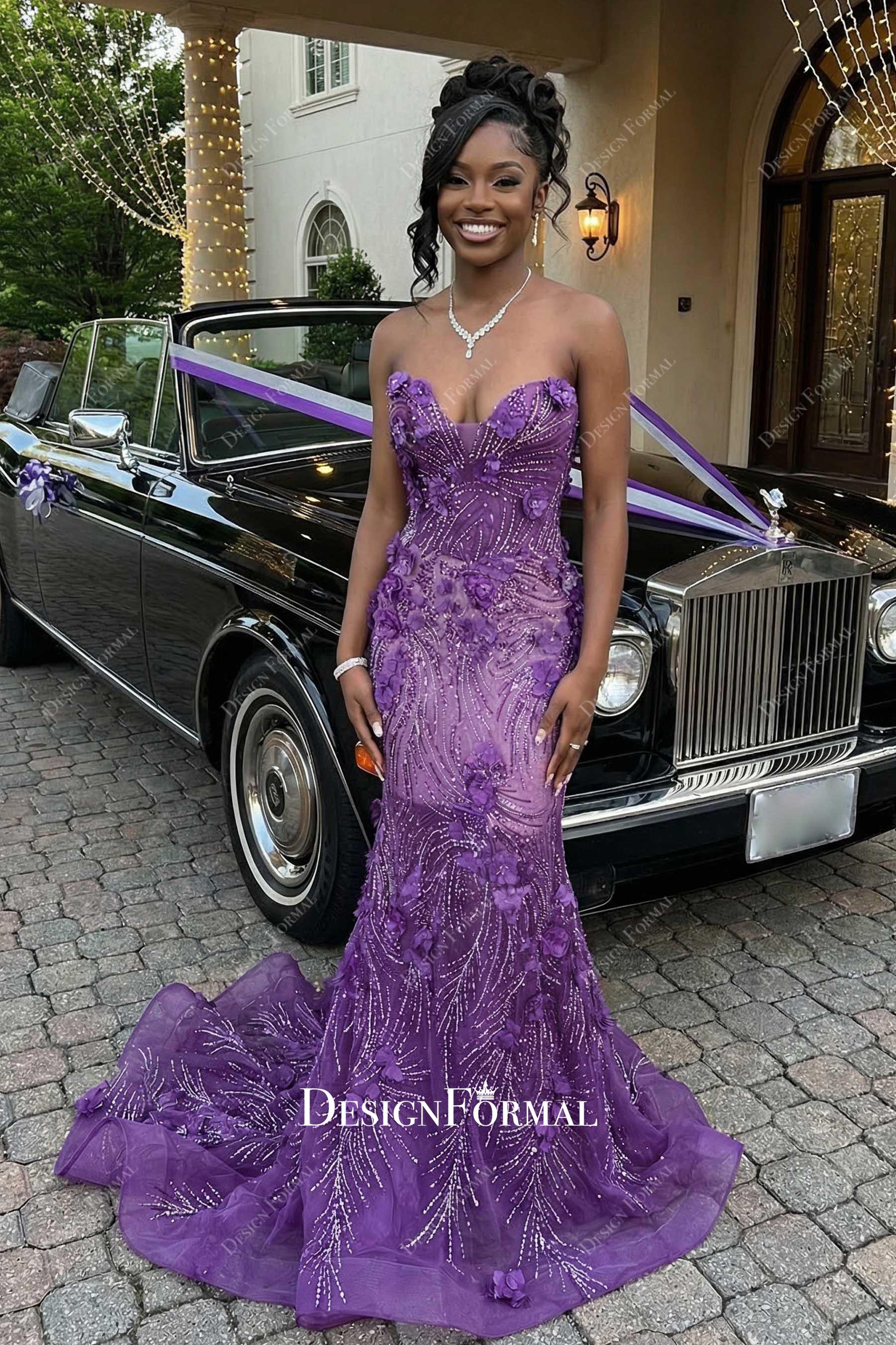 purple floral luxury prom dress product photo from DesignFormal