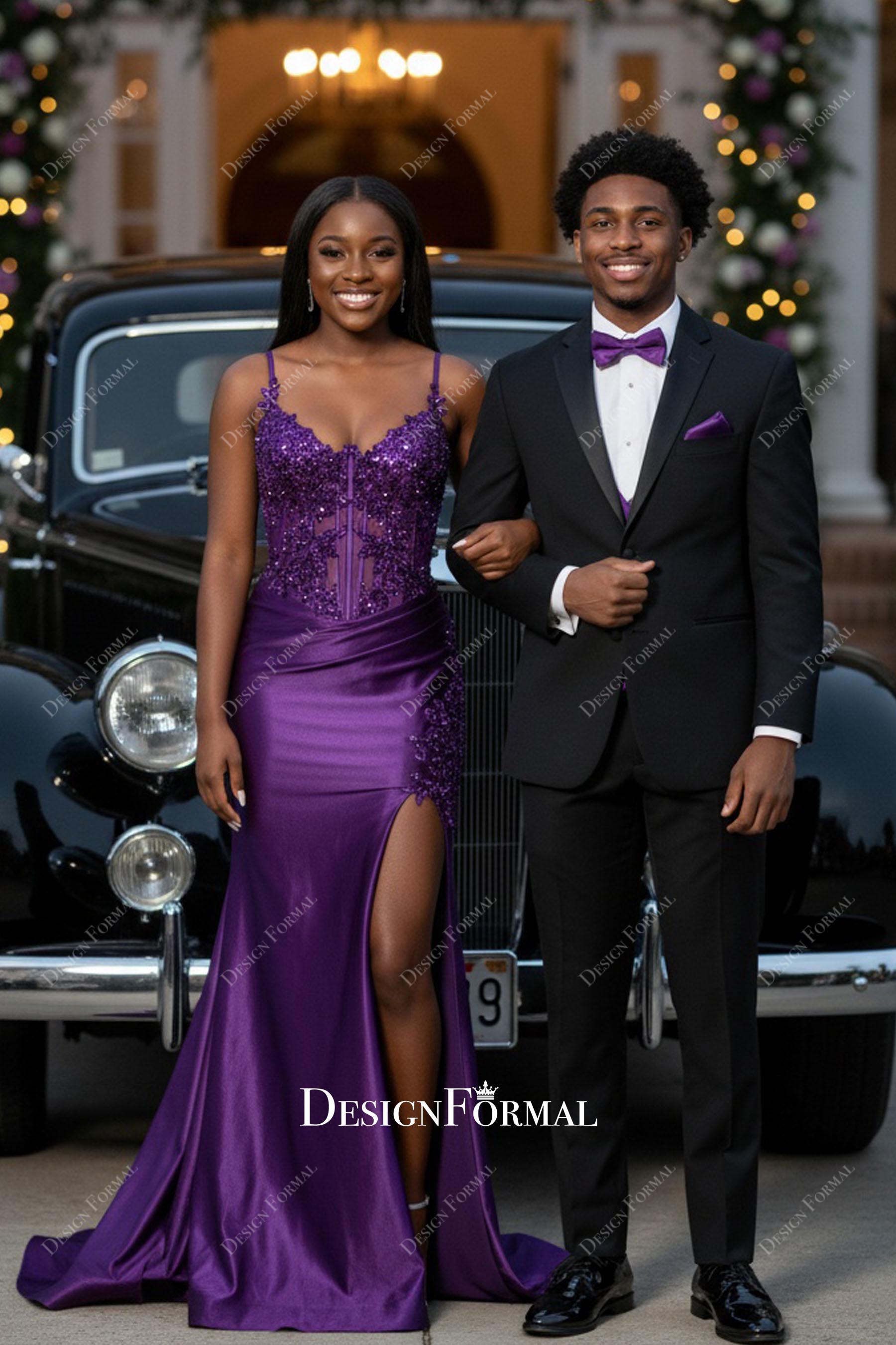 spaghetti straps beaded lace corset grape prom dress product photo from DesignFormal